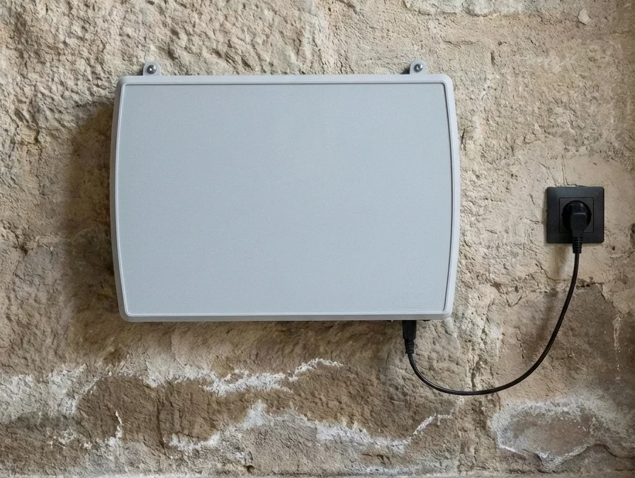 Dispositivo ATE installato su parete in pietra con evidenti segni di umidità